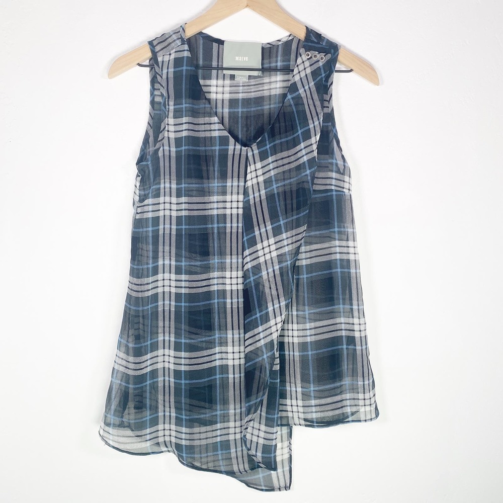 Anthropologie Maeve Plaid Sleeveless Top Wrap‎ Layered Tank Top in Blue Size XS